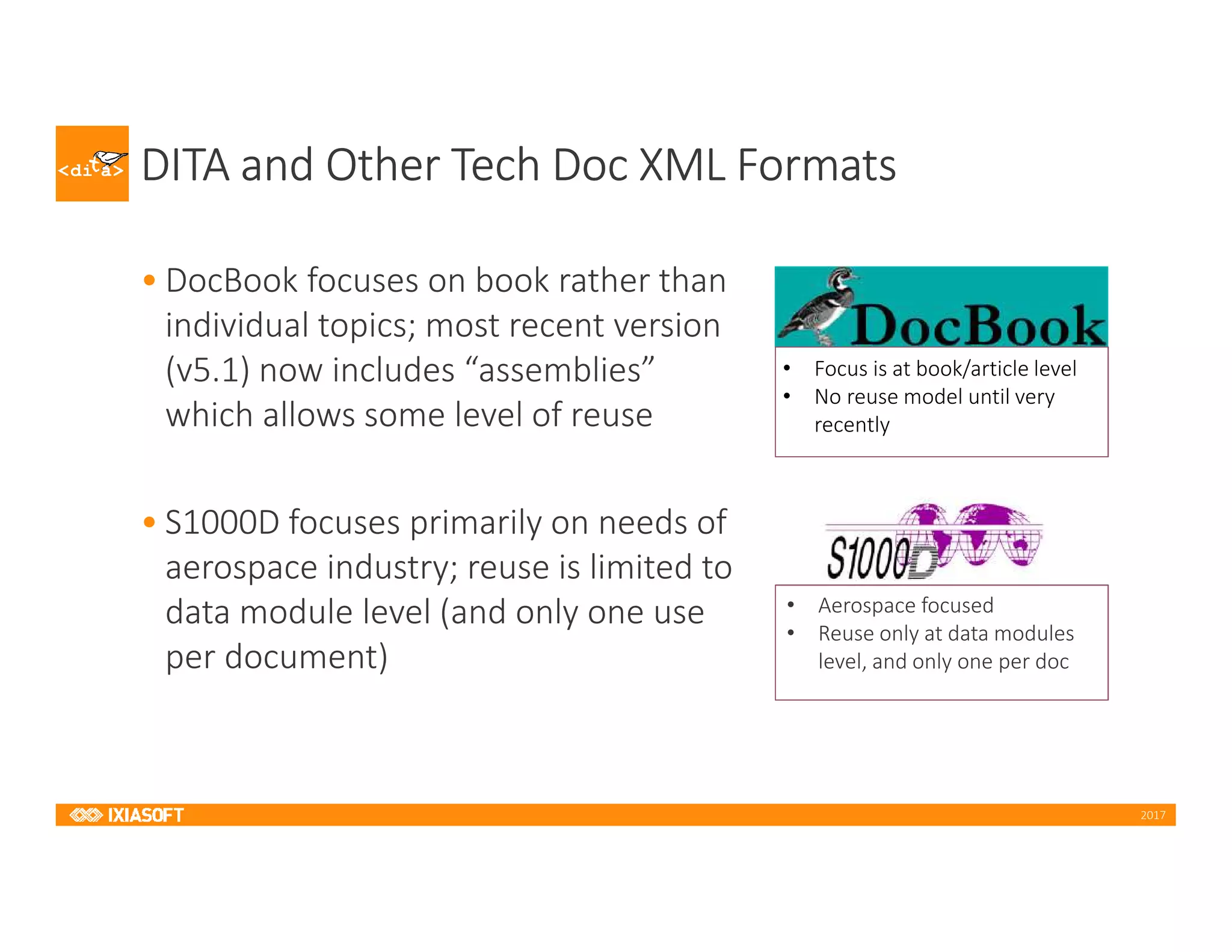 2017
DITA and Other Tech Doc XML Formats
• DocBook focuses on book rather than
individual topics; most recent version
(v5.1) now includes “assemblies”
which allows some level of reuse
• S1000D focuses primarily on needs of
aerospace industry; reuse is limited to
data module level (and only one use
per document)
• Focus is at book/article level
• No reuse model until very
recently
• Aerospace focused
• Reuse only at data modules
level, and only one per doc
 