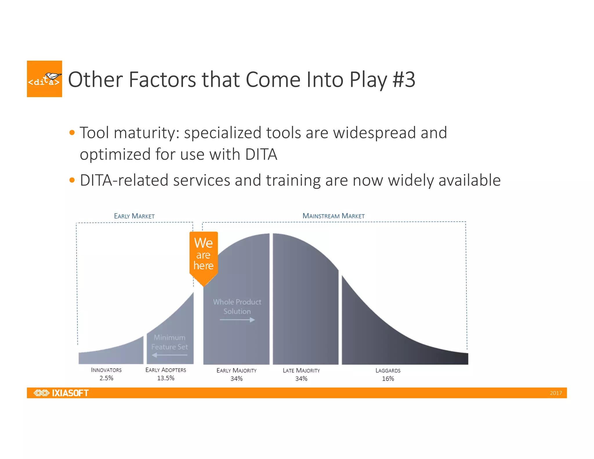 2017
Other Factors that Come Into Play #3
• Tool maturity: specialized tools are widespread and
optimized for use with DITA
• DITA-related services and training are now widely available
 
