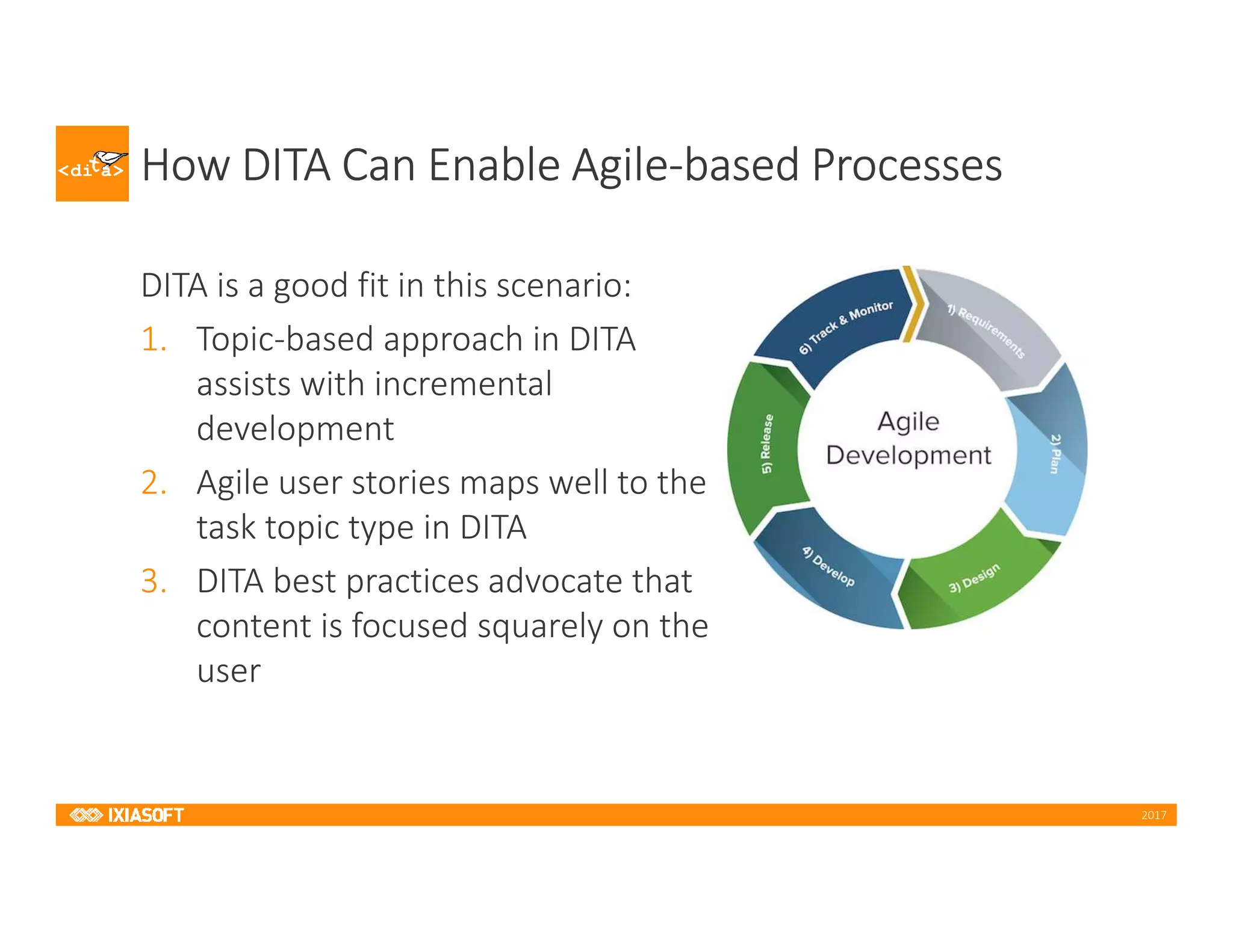 2017
How DITA Can Enable Agile-based Processes
DITA is a good fit in this scenario:
1. Topic-based approach in DITA
assists with incremental
development
2. Agile user stories maps well to the
task topic type in DITA
3. DITA best practices advocate that
content is focused squarely on the
user
 