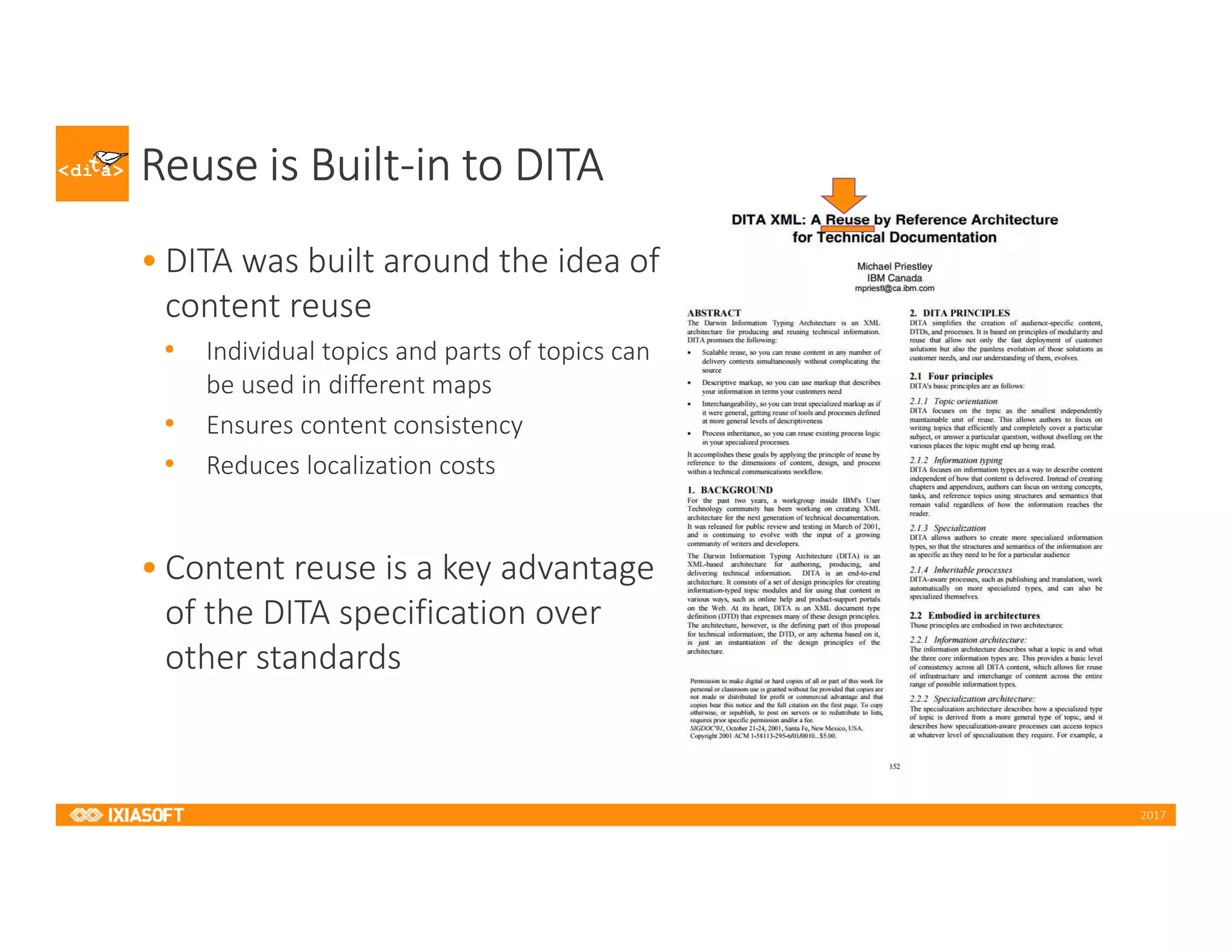 2017
Reuse is Built-in to DITA
• DITA was built around the idea of
content reuse
• Individual topics and parts of topics can
be used in different maps
• Ensures content consistency
• Reduces localization costs
• Content reuse is a key advantage
of the DITA specification over
other standards
 