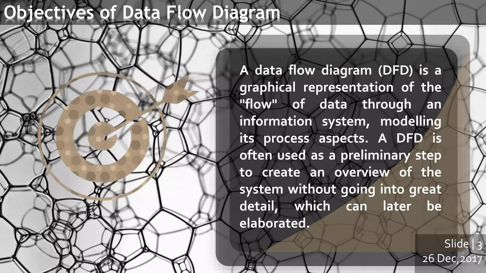 A data flow diagram (DFD) is a
graphical representation of the
"flow" of data through an
information system, modelling
its process aspects. A DFD is
often used as a preliminary step
to create an overview of the
system without going into great
detail, which can later be
elaborated.
Objectives of Data Flow Diagram
Slide | 3
26 Dec,2017
 