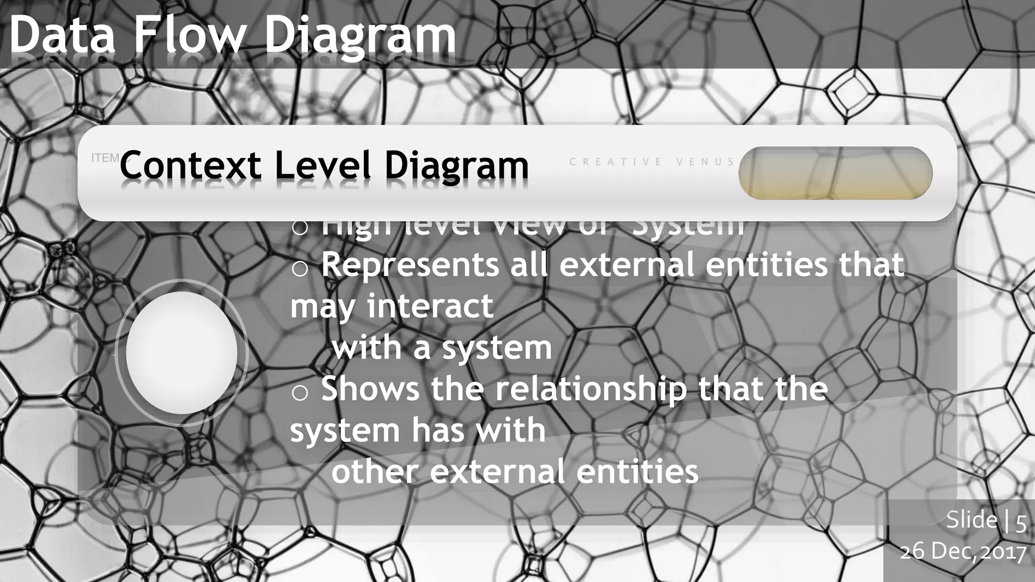 Slide | 5
26 Dec,2017
Data Flow Diagram
o High level view of System
o Represents all external entities that
may interact
with a system
o Shows the relationship that the
system has with
other external entities
Context Level Diagram
 