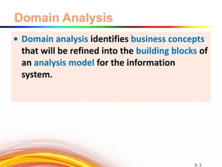 5- 3
Domain Analysis
• Domain analysis identifies business concepts
that will be refined into the building blocks of
an analysis model for the information
system.
 