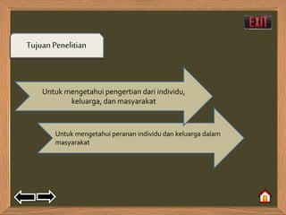 Tujuan Penelitian 
Untuk mengetahui pengertian dari individu, 
keluarga, dan masyarakat 
Untuk mengetahui peranan individu dan keluarga dalam 
masyarakat 
 