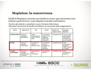 Mopinion: la concorrenza
Sul BP di Mopinion è presente una tabella in cui per ogni concorrente sono
indicati i punti di forza e come Mopinion intende controbattere.
•Invitare gli studenti a consultarlo a casa al termine della lezione
•Discutere brevemente di Doodle (nell’ipotesi sia conosciuto dalla maggiorparte)

      Nome            Descrizione                Pro              Contro        Offerta nel      Strategia
                                                                                settore mobile   Mopinion

  Poll Everywhere   Servizio d i          Enfasi              Chi risponde è    Smartphone app   Focus su panel
                    sondaggi in           sull’acquisizione   anonimo, il che                    accuratamente
                    abboname nto          di dati in tempo    complica le                        esaminati per
                                          reale               analisi di tipo                    informazioni di
                                                              demografico                        tipo demografico

  Doodle            Servizio d i          Il migliore tra i   Chi risponde è    Smartphone app   Panel
                    calendari             servizi di          anonimo; i                         accuratamente
                    online/mobile         calendari online    sondaggi sono                      esaminati;
                                                              un focus                           migliori capacità
                                                              secondario                         di indagine

  Turning           Servizio d i          Forte presenza      Chi risponde è    Smartphone app   Panel
  Technologies      sondaggi              su IP,              anonimo                            accuratamente
                    istantane ii attivo   iPhone/iPad                                            esaminati
                    su Internet




                                                                       23
 