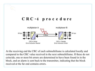 CRC-4 procedure At the receiving end the CRC of each submultiframe is calculated locally and compared to the CRC value received in the next submultiframe. If these do not coincide, one or most bit errors are determined to have been found in in the block, and an alarm is sent back to the transmitter, indicating that the block received at the far end contains errors. 
