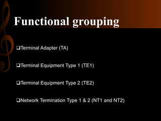 Functional grouping
Terminal Adapter (TA)
Terminal Equipment Type 1 (TE1)
Terminal Equipment Type 2 (TE2)
Network Termination Type 1 & 2 (NT1 and NT2)

 