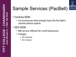 Sample Services (PacBell)
• Centrex ISDN
• For businesses that already have the Pac Bell’s
centrex phone system
• SDS-ISDN
• BRI service offered for small businesses
• Charges
• Per channel
• Per minute
 