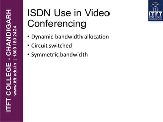 ISDN Use in Video
Conferencing
• Dynamic bandwidth allocation
• Circuit switched
• Symmetric bandwidth
 