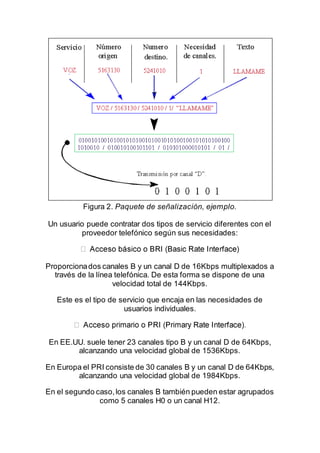 Figura 2. Paquete de señalización, ejemplo.
Un usuario puede contratar dos tipos de servicio diferentes con el
proveedor telefónico según sus necesidades:
Proporcionados canales B y un canal D de 16Kbps multiplexados a
través de la línea telefónica. De esta forma se dispone de una
velocidad total de 144Kbps.
Este es el tipo de servicio que encaja en las necesidades de
usuarios individuales.
En EE.UU. suele tener 23 canales tipo B y un canal D de 64Kbps,
alcanzando una velocidad global de 1536Kbps.
En Europa el PRI consiste de 30 canales B y un canal D de 64Kbps,
alcanzando una velocidad global de 1984Kbps.
En el segundo caso,los canales B también pueden estar agrupados
como 5 canales H0 o un canal H12.
 