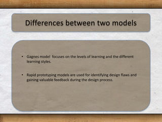 • Gagnes model focuses on the levels of learning and the different
  learning styles.


• Rapid prototyping models are used for identifying design flaws and
  gaining valuable feedback during the design process.
 