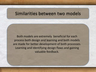 Both models are extremely beneficial for each
 process both design and learning and both models
are made for better development of both processes.
  Learning and Identifying design flaws and gaining
                 valuable feedback.
 