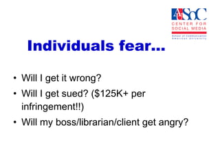 Individuals fear… Will I get it wrong? Will I get sued? ($125K+ per infringement!!) Will my boss/librarian/client get angry?  