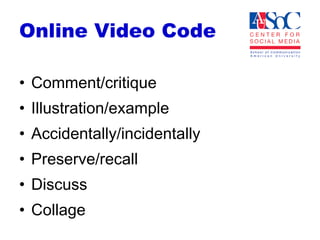 Online Video Code Comment/critique Illustration/example Accidentally/incidentally Preserve/recall Discuss Collage  