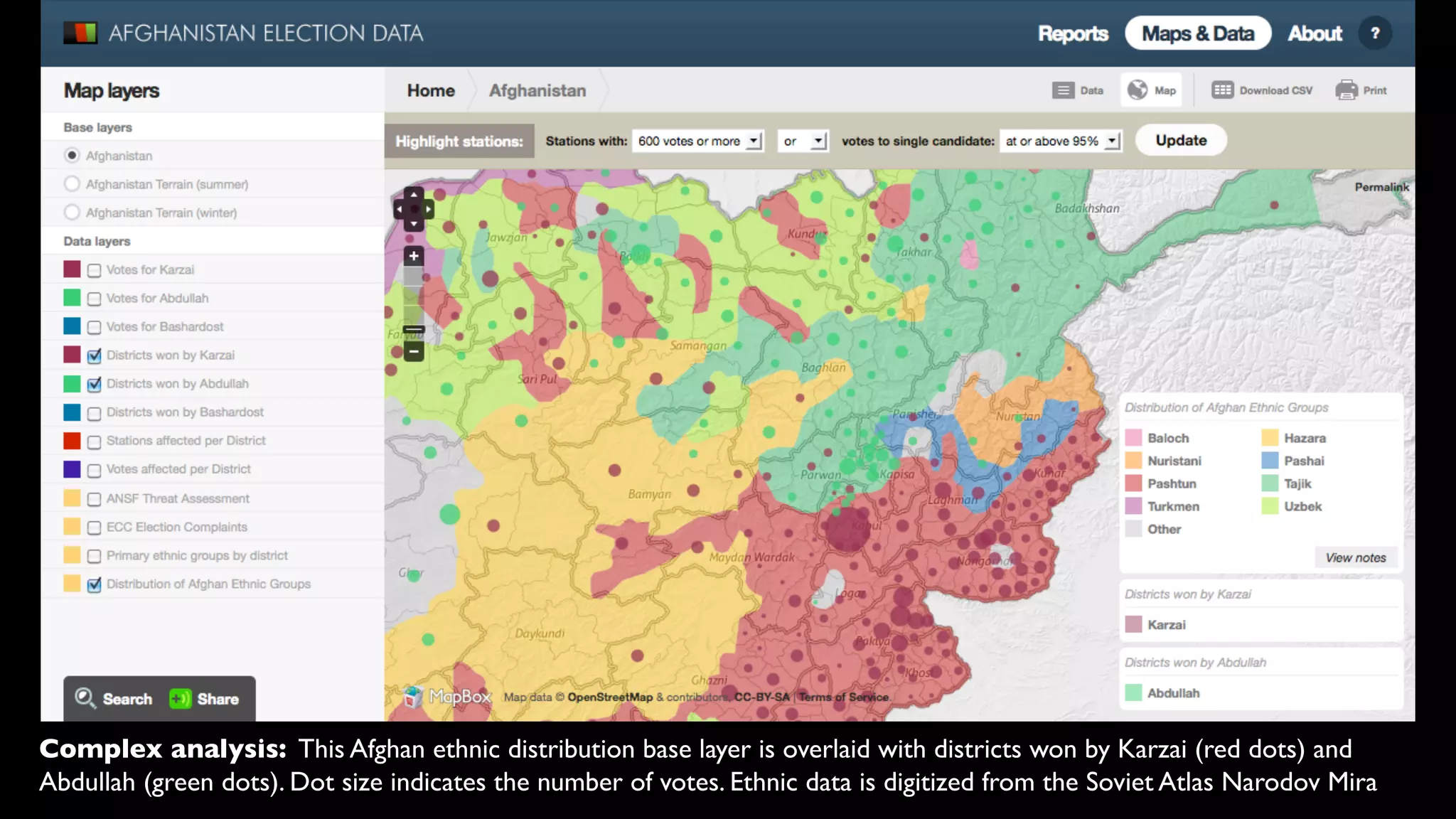 Complex analysis: This Afghan ethnic distribution base layer is overlaid with districts won by Karzai (red dots) and
Abdullah (green dots). Dot size indicates the number of votes. Ethnic data is digitized from the Soviet Atlas Narodov Mira
 
