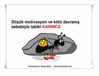 Düşük motivasyon ve kötü davranış
sebebiyle tabiki KARINCA




        Türkçeleştiren: Savaş akar   www.savassakar.com
 