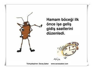 Hamam böceği ilk
                       önce işe geliş
                       gidiş saatlerini
                       düzenledi.




Türkçeleştiren: Savaş akar   www.savassakar.com
 