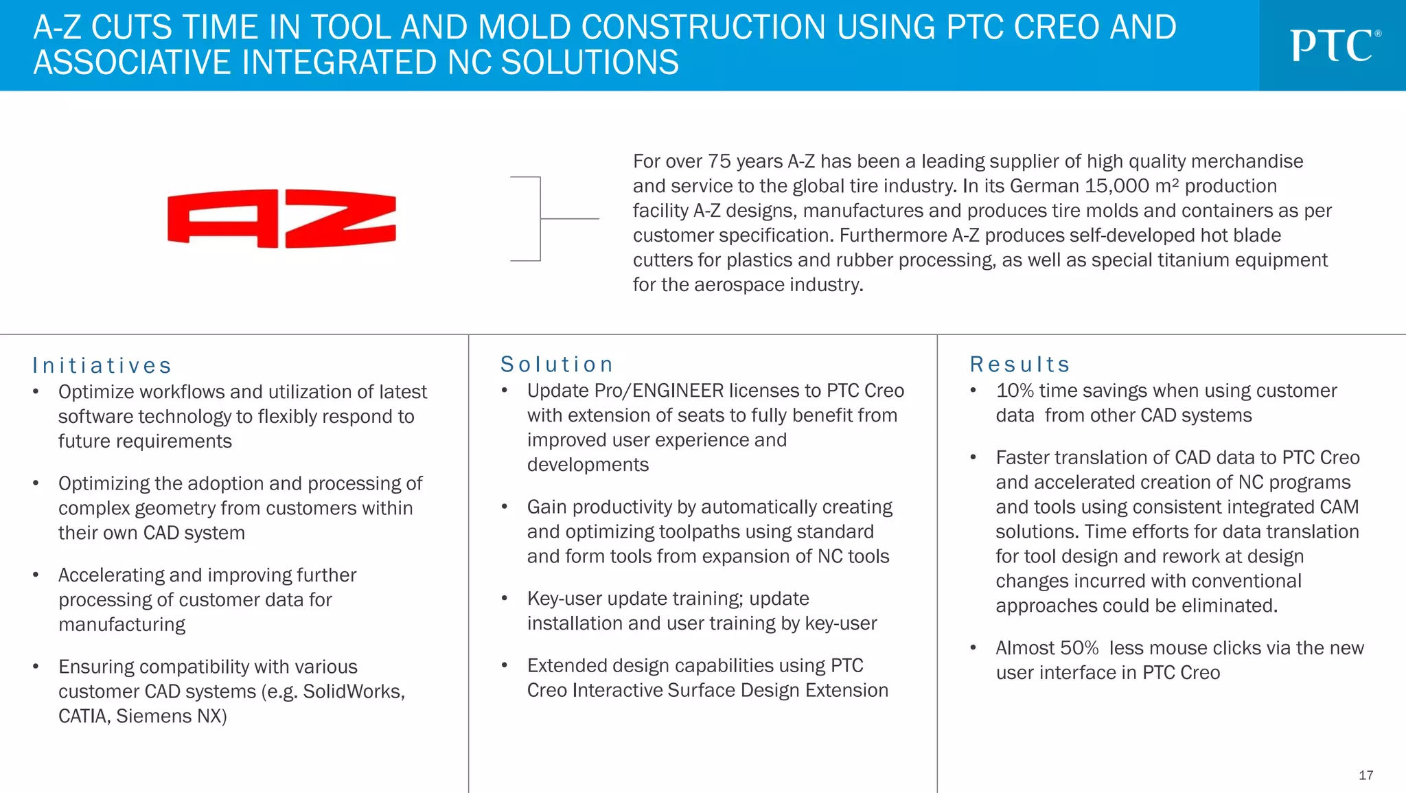 1717
S o l u t i o n
• Update Pro/ENGINEER licenses to PTC Creo
with extension of seats to fully benefit from
improved user experience and
developments
• Gain productivity by automatically creating
and optimizing toolpaths using standard
and form tools from expansion of NC tools
• Key-user update training; update
installation and user training by key-user
• Extended design capabilities using PTC
Creo Interactive Surface Design Extension
I n i t i a t i v e s
• Optimize workflows and utilization of latest
software technology to flexibly respond to
future requirements
• Optimizing the adoption and processing of
complex geometry from customers within
their own CAD system
• Accelerating and improving further
processing of customer data for
manufacturing
• Ensuring compatibility with various
customer CAD systems (e.g. SolidWorks,
CATIA, Siemens NX)
R e s u l t s
• 10% time savings when using customer
data from other CAD systems
• Faster translation of CAD data to PTC Creo
and accelerated creation of NC programs
and tools using consistent integrated CAM
solutions. Time efforts for data translation
for tool design and rework at design
changes incurred with conventional
approaches could be eliminated.
• Almost 50% less mouse clicks via the new
user interface in PTC Creo
A-Z CUTS TIME IN TOOL AND MOLD CONSTRUCTION USING PTC CREO AND
ASSOCIATIVE INTEGRATED NC SOLUTIONS
For over 75 years A-Z has been a leading supplier of high quality merchandise
and service to the global tire industry. In its German 15,000 m² production
facility A-Z designs, manufactures and produces tire molds and containers as per
customer specification. Furthermore A-Z produces self-developed hot blade
cutters for plastics and rubber processing, as well as special titanium equipment
for the aerospace industry.
 