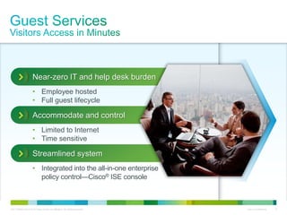 C97-726694-00 © 2013 Cisco and/or its affiliates. All rights reserved. Cisco Confidential 8
Near-zero IT and help desk burden
• Employee hosted
• Full guest lifecycle
Accommodate and control
• Limited to Internet
• Time sensitive
Streamlined system
• Integrated into the all-in-one enterprise
policy control—Cisco® ISE console
 