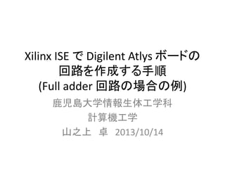 Xilinx ISE で Digilent Atlys ボードの
回路を作成する手順
(Full adder 回路の場合の例)
鹿児島大学情報生体工学科
計算機工学
山之上 卓 2013/10/14

 
