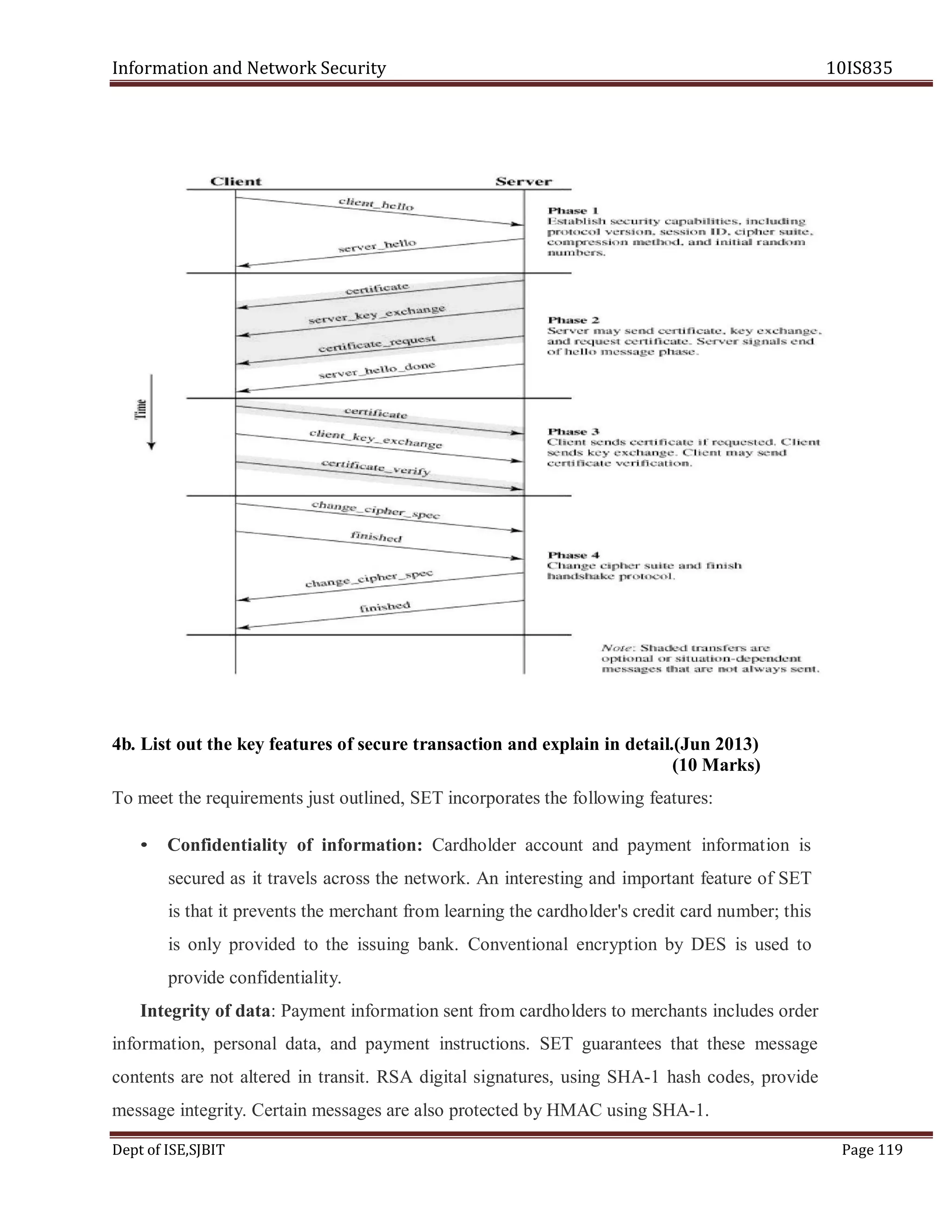Information and Network Security 10IS835
Dept of ISE,SJBIT Page 119
4b. List out the key features of secure transaction and explain in detail.(Jun 2013)
(10 Marks)
To meet the requirements just outlined, SET incorporates the following features:
• Confidentiality of information: Cardholder account and payment information is
secured as it travels across the network. An interesting and important feature of SET
is that it prevents the merchant from learning the cardholder's credit card number; this
is only provided to the issuing bank. Conventional encryption by DES is used to
provide confidentiality.
Integrity of data: Payment information sent from cardholders to merchants includes order
information, personal data, and payment instructions. SET guarantees that these message
contents are not altered in transit. RSA digital signatures, using SHA-1 hash codes, provide
message integrity. Certain messages are also protected by HMAC using SHA-1.
 
