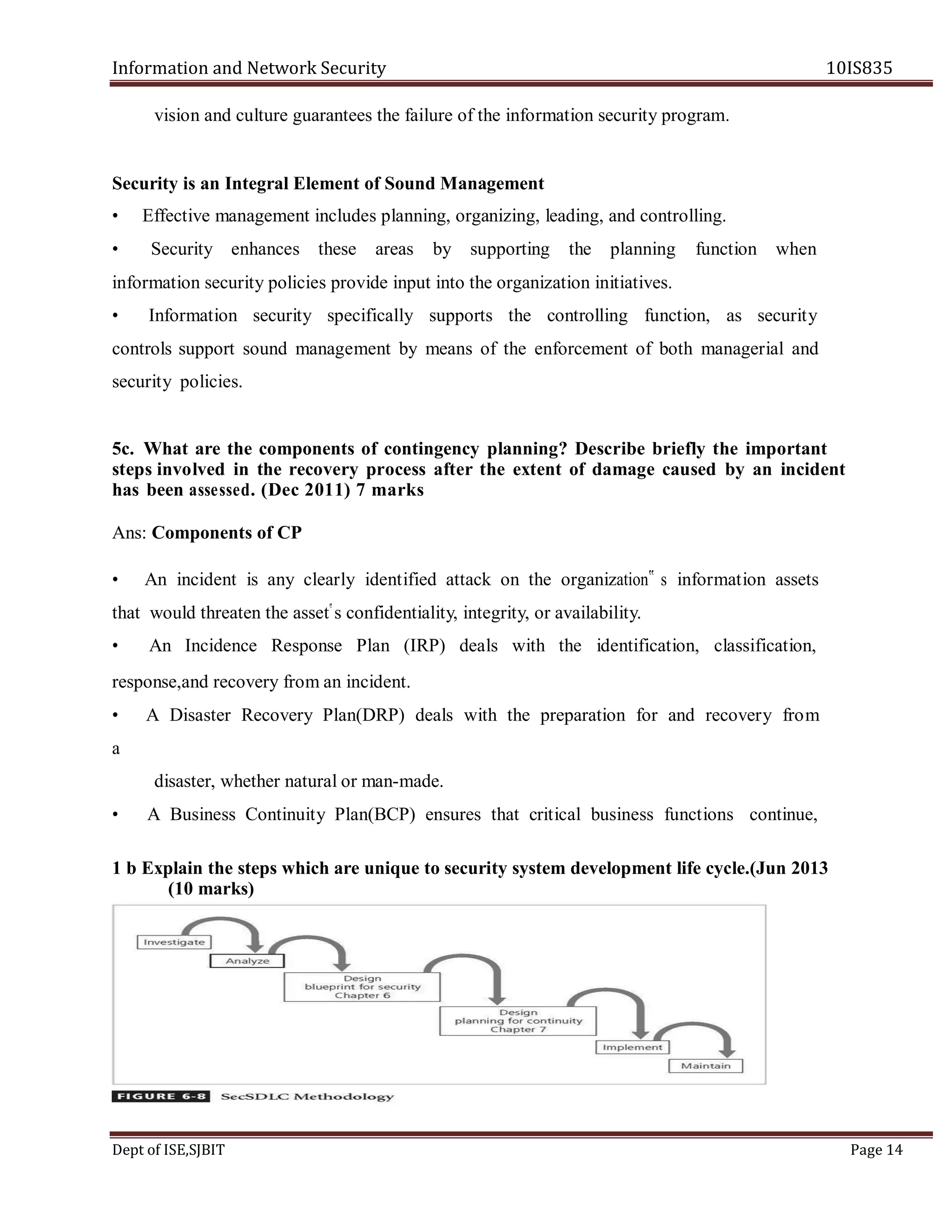 Information and Network Security 10IS835
Dept of ISE,SJBIT Page 14
vision and culture guarantees the failure of the information security program.
Security is an Integral Element of Sound Management
• Effective management includes planning, organizing, leading, and controlling.
• Security enhances these areas by supporting the planning function when
information security policies provide input into the organization initiatives.
• Information security specifically supports the controlling function, as security
controls support sound management by means of the enforcement of both managerial and
security policies.
5c. What are the components of contingency planning? Describe briefly the important
steps involved in the recovery process after the extent of damage caused by an incident
has been assessed. (Dec 2011) 7 marks
Ans: Components of CP
• An incident is any clearly identified attack on the organization‟ s information assets
that would threaten the asset‟s confidentiality, integrity, or availability.
• An Incidence Response Plan (IRP) deals with the identification, classification,
response,and recovery from an incident.
• A Disaster Recovery Plan(DRP) deals with the preparation for and recovery from
a
disaster, whether natural or man-made.
• A Business Continuity Plan(BCP) ensures that critical business functions continue,
1 b Explain the steps which are unique to security system development life cycle.(Jun 2013
(10 marks)
 