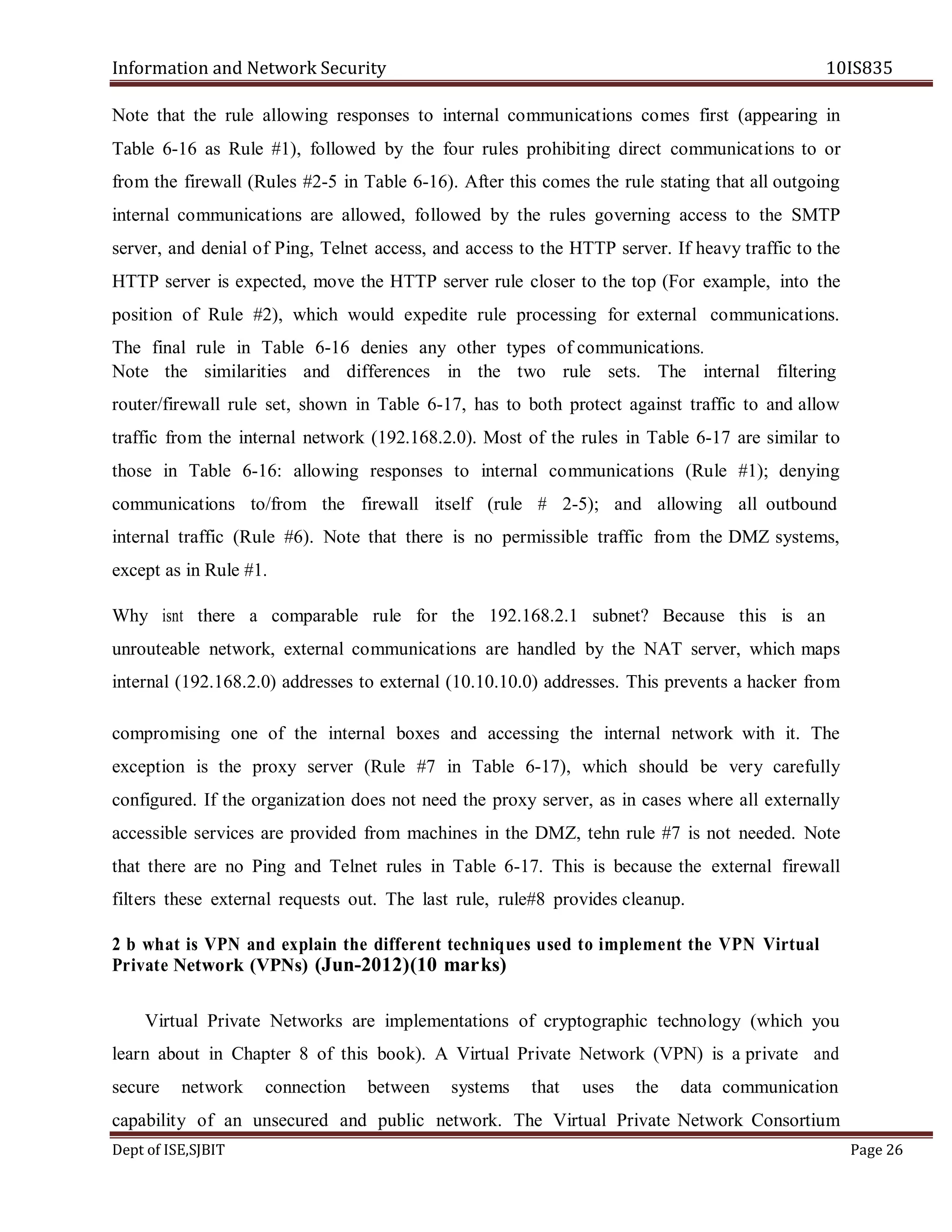 Information and Network Security 10IS835
Dept of ISE,SJBIT Page 26
Note that the rule allowing responses to internal communications comes first (appearing in
Table 6-16 as Rule #1), followed by the four rules prohibiting direct communications to or
from the firewall (Rules #2-5 in Table 6-16). After this comes the rule stating that all outgoing
internal communications are allowed, followed by the rules governing access to the SMTP
server, and denial of Ping, Telnet access, and access to the HTTP server. If heavy traffic to the
HTTP server is expected, move the HTTP server rule closer to the top (For example, into the
position of Rule #2), which would expedite rule processing for external communications.
The final rule in Table 6-16 denies any other types of communications.
Note the similarities and differences in the two rule sets. The internal filtering
router/firewall rule set, shown in Table 6-17, has to both protect against traffic to and allow
traffic from the internal network (192.168.2.0). Most of the rules in Table 6-17 are similar to
those in Table 6-16: allowing responses to internal communications (Rule #1); denying
communications to/from the firewall itself (rule # 2-5); and allowing all outbound
internal traffic (Rule #6). Note that there is no permissible traffic from the DMZ systems,
except as in Rule #1.
Why isnt there a comparable rule for the 192.168.2.1 subnet? Because this is an
unrouteable network, external communications are handled by the NAT server, which maps
internal (192.168.2.0) addresses to external (10.10.10.0) addresses. This prevents a hacker from
compromising one of the internal boxes and accessing the internal network with it. The
exception is the proxy server (Rule #7 in Table 6-17), which should be very carefully
configured. If the organization does not need the proxy server, as in cases where all externally
accessible services are provided from machines in the DMZ, tehn rule #7 is not needed. Note
that there are no Ping and Telnet rules in Table 6-17. This is because the external firewall
filters these external requests out. The last rule, rule#8 provides cleanup.
2 b what is VPN and explain the different techniques used to implement the VPN Virtual
Private Network (VPNs) (Jun-2012)(10 marks)
Virtual Private Networks are implementations of cryptographic technology (which you
learn about in Chapter 8 of this book). A Virtual Private Network (VPN) is a private and
secure network connection between systems that uses the data communication
capability of an unsecured and public network. The Virtual Private Network Consortium
 