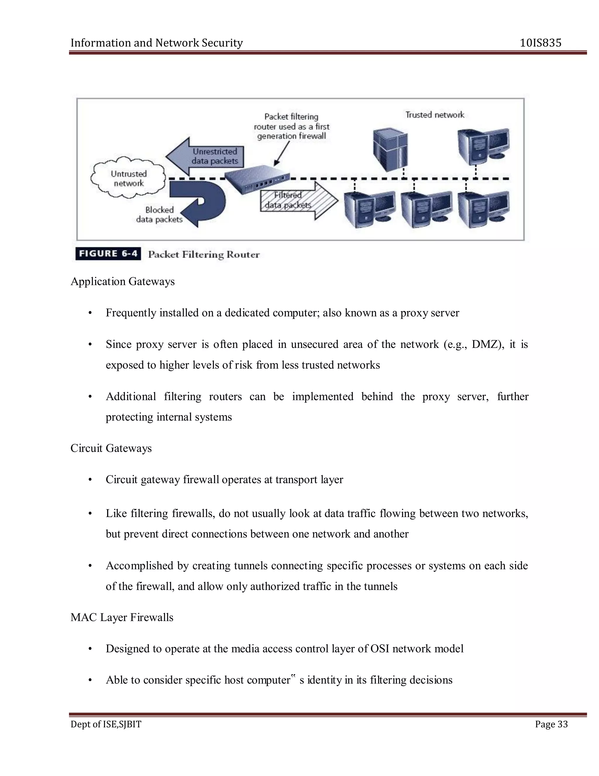 Information and Network Security 10IS835
Dept of ISE,SJBIT Page 33
Application Gateways
• Frequently installed on a dedicated computer; also known as a proxy server
• Since proxy server is often placed in unsecured area of the network (e.g., DMZ), it is
exposed to higher levels of risk from less trusted networks
• Additional filtering routers can be implemented behind the proxy server, further
protecting internal systems
Circuit Gateways
• Circuit gateway firewall operates at transport layer
• Like filtering firewalls, do not usually look at data traffic flowing between two networks,
but prevent direct connections between one network and another
• Accomplished by creating tunnels connecting specific processes or systems on each side
of the firewall, and allow only authorized traffic in the tunnels
MAC Layer Firewalls
• Designed to operate at the media access control layer of OSI network model
• Able to consider specific host computer‟ s identity in its filtering decisions
 