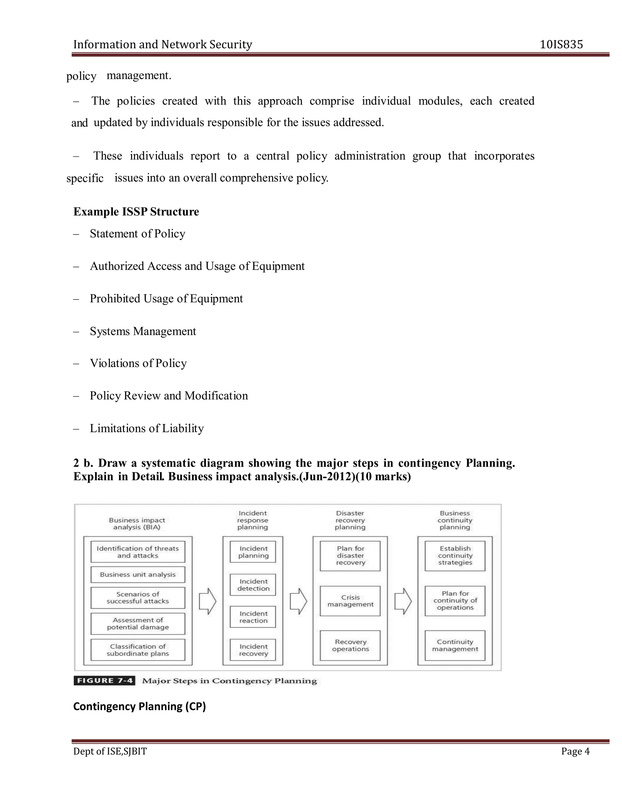Information and Network Security 10IS835
Dept of ISE,SJBIT Page 4
management.
– The policies created with this approach comprise individual modules, each created
updated by individuals responsible for the issues addressed.
– These individuals report to a central policy administration group that incorporates
issues into an overall comprehensive policy.
Example ISSP Structure
– Statement of Policy
– Authorized Access and Usage of Equipment
– Prohibited Usage of Equipment
– Systems Management
– Violations of Policy
– Policy Review and Modification
– Limitations of Liability
2 b. Draw a systematic diagram showing the major steps in contingency Planning.
Explain in Detail. Business impact analysis.(Jun-2012)(10 marks)
Contingency Planning (CP)
policy
and
specific
 