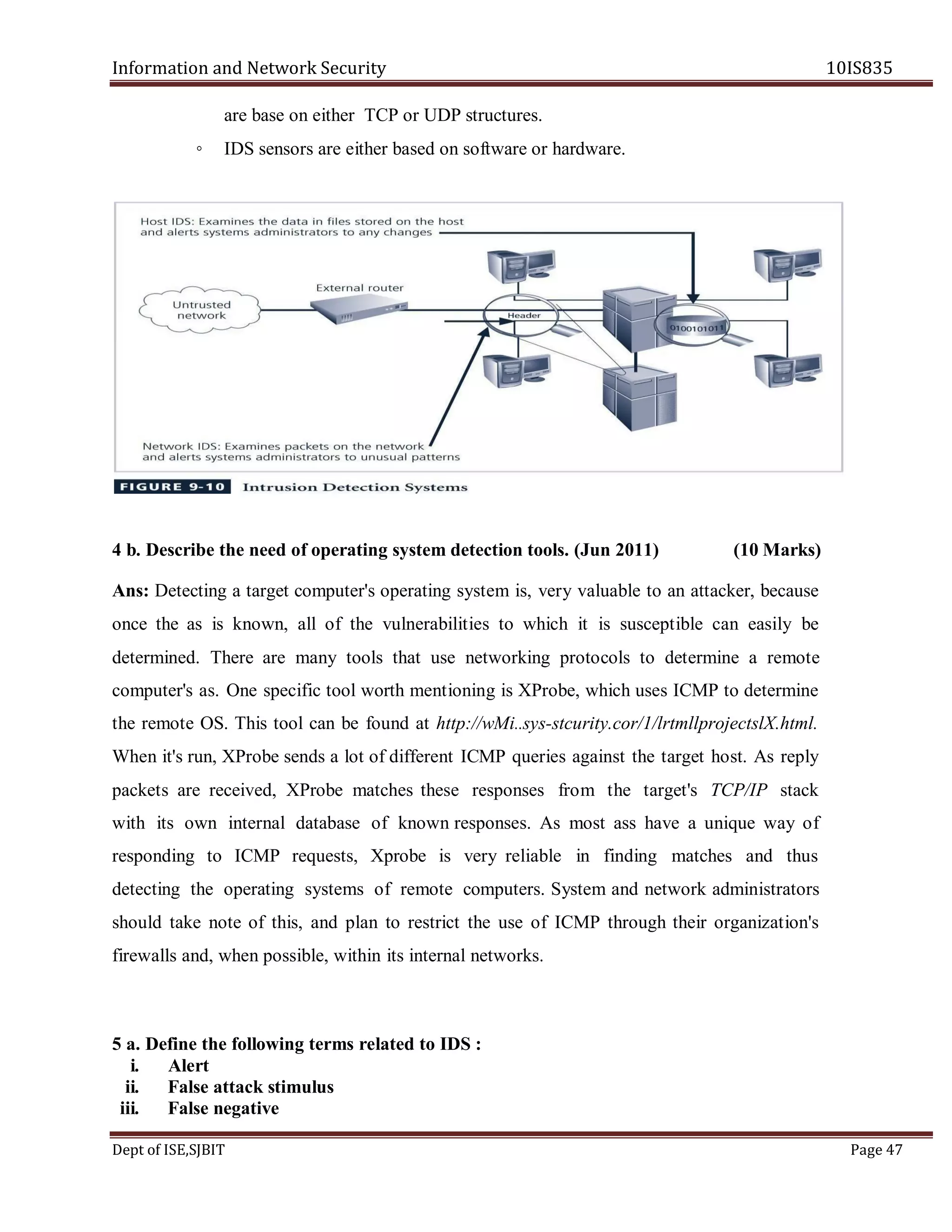 Information and Network Security 10IS835
Dept of ISE,SJBIT Page 47
are base on either TCP or UDP structures.
◦ IDS sensors are either based on software or hardware.
4 b. Describe the need of operating system detection tools. (Jun 2011) (10 Marks)
Ans: Detecting a target computer's operating system is, very valuable to an attacker, because
once the as is known, all of the vulnerabilities to which it is susceptible can easily be
determined. There are many tools that use networking protocols to determine a remote
computer's as. One specific tool worth mentioning is XProbe, which uses ICMP to determine
the remote OS. This tool can be found at http://wMi..sys-stcurity.cor/1/lrtmllprojectslX.html.
When it's run, XProbe sends a lot of different ICMP queries against the target host. As reply
packets are received, XProbe matches these responses from the target's TCP/IP stack
with its own internal database of known responses. As most ass have a unique way of
responding to ICMP requests, Xprobe is very reliable in finding matches and thus
detecting the operating systems of remote computers. System and network administrators
should take note of this, and plan to restrict the use of ICMP through their organization's
firewalls and, when possible, within its internal networks.
5 a. Define the following terms related to IDS :
i. Alert
ii. False attack stimulus
iii. False negative
 
