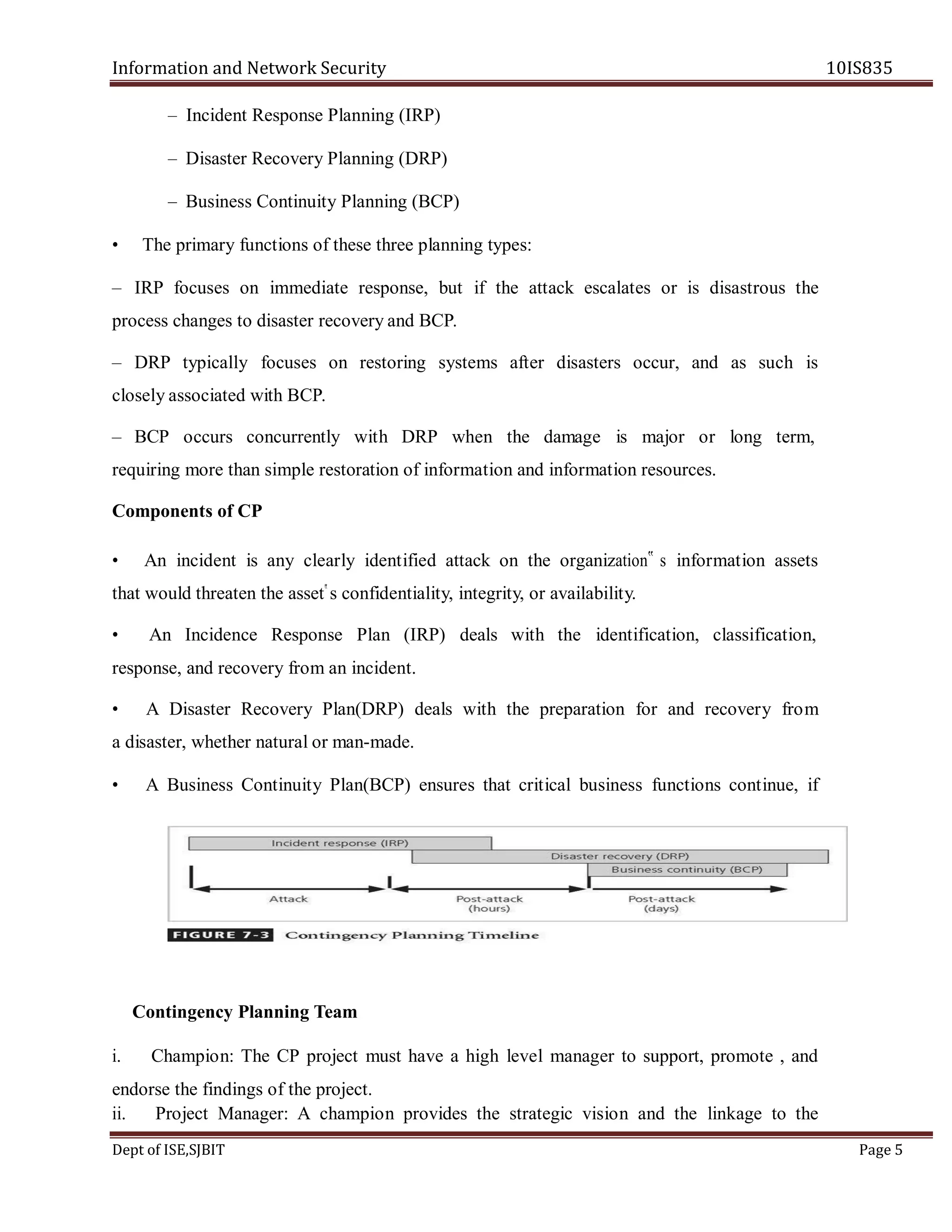 Information and Network Security 10IS835
Dept of ISE,SJBIT Page 5
– Incident Response Planning (IRP)
– Disaster Recovery Planning (DRP)
– Business Continuity Planning (BCP)
• The primary functions of these three planning types:
– IRP focuses on immediate response, but if the attack escalates or is disastrous the
process changes to disaster recovery and BCP.
– DRP typically focuses on restoring systems after disasters occur, and as such is
closely associated with BCP.
– BCP occurs concurrently with DRP when the damage is major or long term,
requiring more than simple restoration of information and information resources.
Components of CP
• An incident is any clearly identified attack on the organization‟ s information assets
that would threaten the asset‟s confidentiality, integrity, or availability.
• An Incidence Response Plan (IRP) deals with the identification, classification,
response, and recovery from an incident.
• A Disaster Recovery Plan(DRP) deals with the preparation for and recovery from
a disaster, whether natural or man-made.
• A Business Continuity Plan(BCP) ensures that critical business functions continue, if
Contingency Planning Team
i. Champion: The CP project must have a high level manager to support, promote , and
endorse the findings of the project.
ii. Project Manager: A champion provides the strategic vision and the linkage to the
 