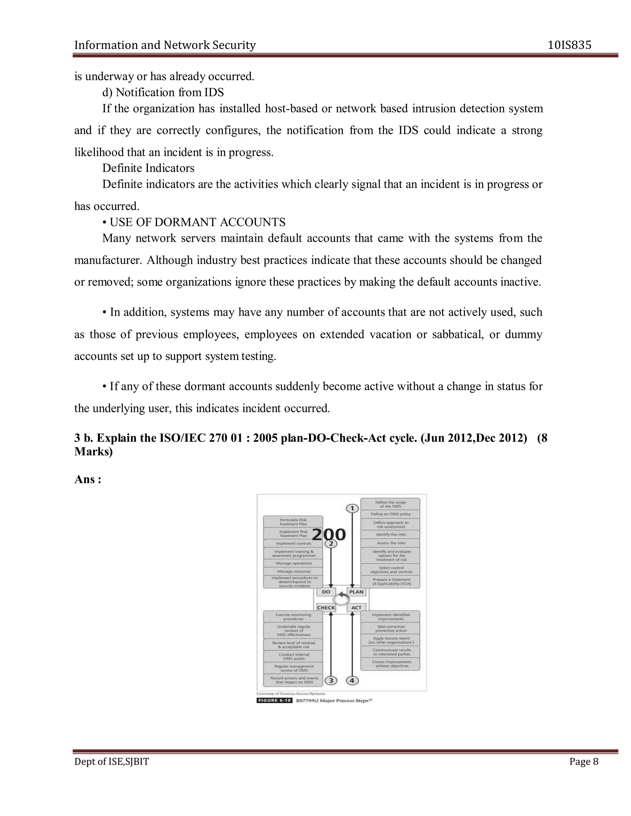 Information and Network Security 10IS835
Dept of ISE,SJBIT Page 8
is underway or has already occurred.
d) Notification from IDS
If the organization has installed host-based or network based intrusion detection system
and if they are correctly configures, the notification from the IDS could indicate a strong
likelihood that an incident is in progress.
Definite Indicators
Definite indicators are the activities which clearly signal that an incident is in progress or
has occurred.
• USE OF DORMANT ACCOUNTS
Many network servers maintain default accounts that came with the systems from the
manufacturer. Although industry best practices indicate that these accounts should be changed
or removed; some organizations ignore these practices by making the default accounts inactive.
• In addition, systems may have any number of accounts that are not actively used, such
as those of previous employees, employees on extended vacation or sabbatical, or dummy
accounts set up to support system testing.
• If any of these dormant accounts suddenly become active without a change in status for
the underlying user, this indicates incident occurred.
3 b. Explain the ISO/IEC 270 01 : 2005 plan-DO-Check-Act cycle. (Jun 2012,Dec 2012) (8
Marks)
Ans :
 