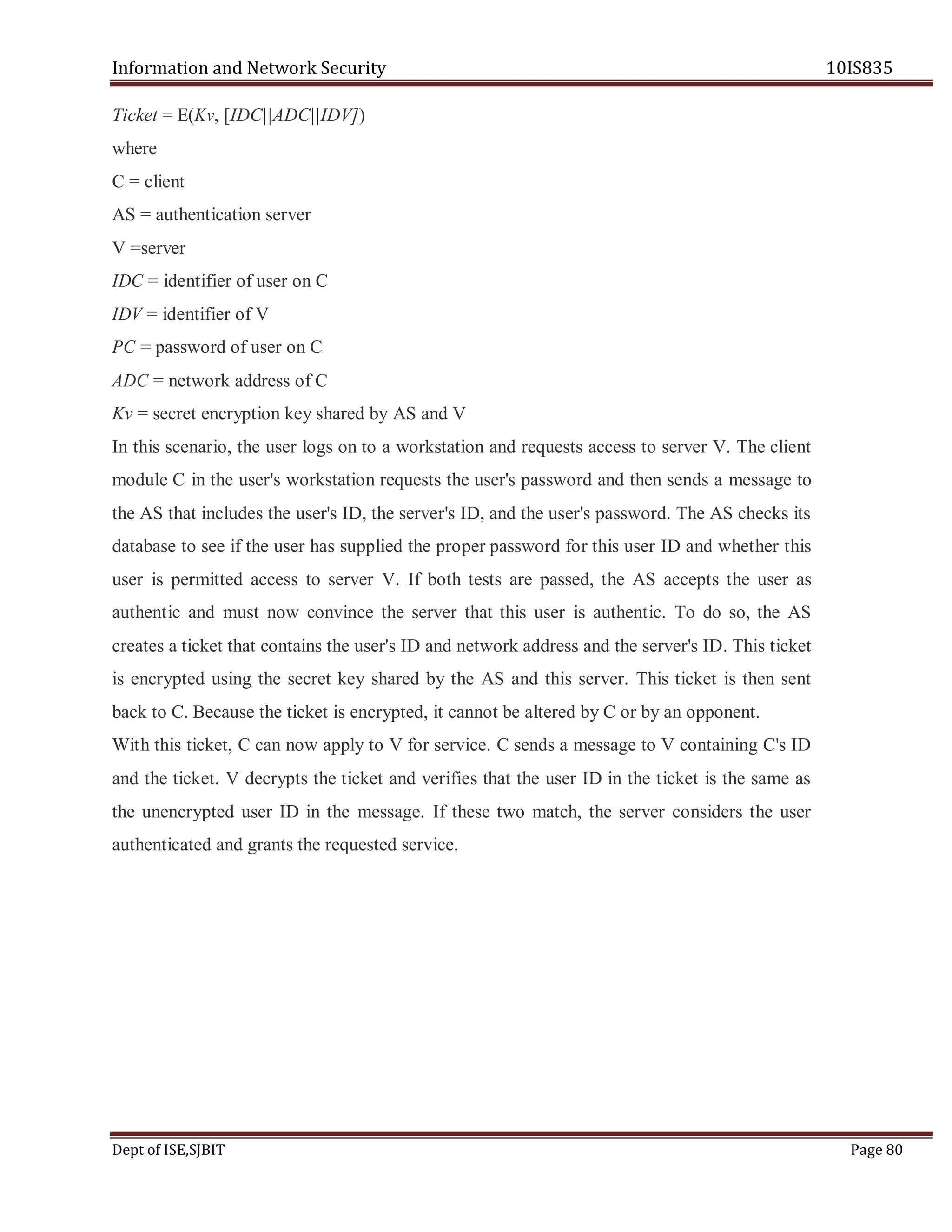 Information and Network Security 10IS835
Dept of ISE,SJBIT Page 80
Ticket = E(Kv, [IDC||ADC||IDV])
where
C = client
AS = authentication server
V =server
IDC = identifier of user on C
IDV = identifier of V
PC = password of user on C
ADC = network address of C
Kv = secret encryption key shared by AS and V
In this scenario, the user logs on to a workstation and requests access to server V. The client
module C in the user's workstation requests the user's password and then sends a message to
the AS that includes the user's ID, the server's ID, and the user's password. The AS checks its
database to see if the user has supplied the proper password for this user ID and whether this
user is permitted access to server V. If both tests are passed, the AS accepts the user as
authentic and must now convince the server that this user is authentic. To do so, the AS
creates a ticket that contains the user's ID and network address and the server's ID. This ticket
is encrypted using the secret key shared by the AS and this server. This ticket is then sent
back to C. Because the ticket is encrypted, it cannot be altered by C or by an opponent.
With this ticket, C can now apply to V for service. C sends a message to V containing C's ID
and the ticket. V decrypts the ticket and verifies that the user ID in the ticket is the same as
the unencrypted user ID in the message. If these two match, the server considers the user
authenticated and grants the requested service.
 