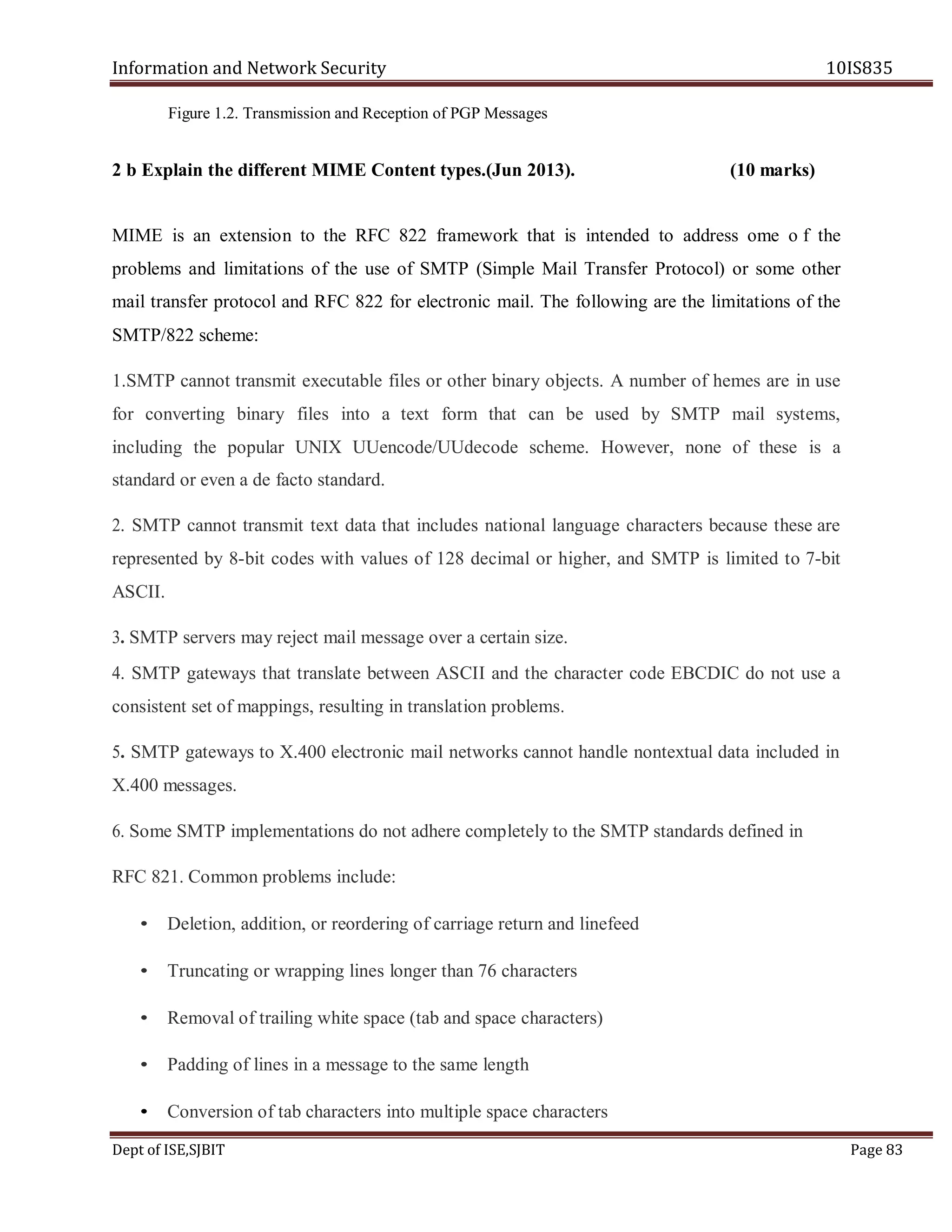Information and Network Security 10IS835
Dept of ISE,SJBIT Page 83
Figure 1.2. Transmission and Reception of PGP Messages
2 b Explain the different MIME Content types.(Jun 2013). (10 marks)
MIME is an extension to the RFC 822 framework that is intended to address ome o f the
problems and limitations of the use of SMTP (Simple Mail Transfer Protocol) or some other
mail transfer protocol and RFC 822 for electronic mail. The following are the limitations of the
SMTP/822 scheme:
1.SMTP cannot transmit executable files or other binary objects. A number of hemes are in use
for converting binary files into a text form that can be used by SMTP mail systems,
including the popular UNIX UUencode/UUdecode scheme. However, none of these is a
standard or even a de facto standard.
2. SMTP cannot transmit text data that includes national language characters because these are
represented by 8-bit codes with values of 128 decimal or higher, and SMTP is limited to 7-bit
ASCII.
3. SMTP servers may reject mail message over a certain size.
4. SMTP gateways that translate between ASCII and the character code EBCDIC do not use a
consistent set of mappings, resulting in translation problems.
5. SMTP gateways to X.400 electronic mail networks cannot handle nontextual data included in
X.400 messages.
6. Some SMTP implementations do not adhere completely to the SMTP standards defined in
RFC 821. Common problems include:
• Deletion, addition, or reordering of carriage return and linefeed
• Truncating or wrapping lines longer than 76 characters
• Removal of trailing white space (tab and space characters)
• Padding of lines in a message to the same length
• Conversion of tab characters into multiple space characters
 