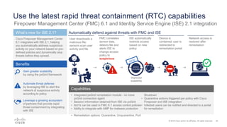 24© 2016 Cisco and/or its affiliates. All rights reserved.
Use the latest rapid threat containment (RTC) capabilities
Firepower Management Center (FMC) 6.1 and Identity Service Engine (ISE) 2.1 integration
• Integrated pxGrid remediation module - no more
pxGrid connection agent
• Session information obtained from ISE via pxGrid
• SGTs can be used in FMC 6.1 access control policies
• Ability to integrate with AMP for malware protection
• Remediation options: Quarantine, Unquarantine, Port
Shutdown
• Quarantine actions triggered per policy with Cisco
Firepower and ISE integration
• Infected users can be notified and directed to a portal
for remediation
Capabilities
Benefits
What’s new for ISE 2.1?
Cisco Firepower Management Center
6.1 integrates with ISE 2.1, helping
you automatically address suspicious
activity on your network based on pre-
defined policies and dynamically stop
threats before they spread.
Automate threat defense
by leveraging ISE to alert the
network of suspicious activity
according to policy
Gain greater scalability
by using the pxGrid framework
Leverage a growing ecosystem
of partners that provide rapid
threat containment by integrating
with ISE
Automatically defend against threats with FMC and ISE
FMC correlates
sensor data,
detects file and
alerts ISE to
change access
policy to
suspicious
Device is
contained; user is
redirected to
remediation portal
User downloads a
malicious file;
sensors scan user
activity and file
Network access is
restored after
remediation
ISE automatically
restricts access
based on new
policy
Improved
scalability
pxGrid
controller
 