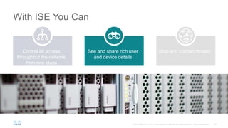 With ISE You Can
Stop and contain threats
See and share rich user
and device details
Control all access
throughout the network
from one place
 