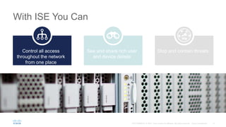 With ISE You Can
Stop and contain threats
See and share rich user
and device details
Control all access
throughout the network
from one place
 