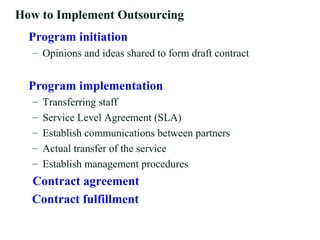 How to Implement Outsourcing
 Program initiation
– Opinions and ideas shared to form draft contract
 Program implementation
– Transferring staff
– Service Level Agreement (SLA)
– Establish communications between partners
– Actual transfer of the service
– Establish management procedures
Contract agreement
Contract fulfillment
 
