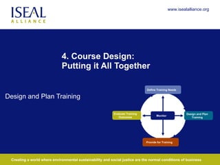 4. Course Design:  Putting it All Together Design and Plan Training Define Training Needs Provide for Training Monitor Design and Plan Training Evaluate Training Outcomes 