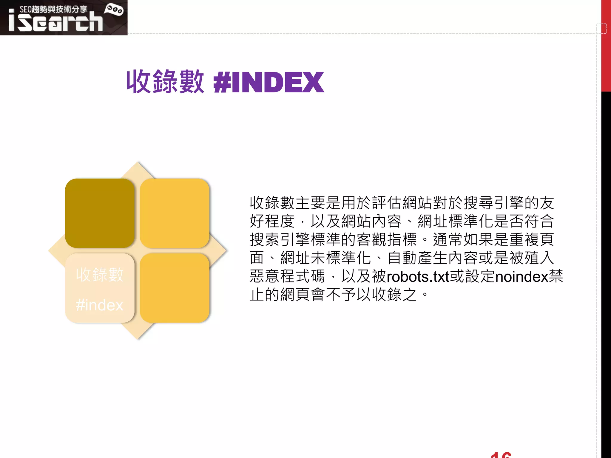 收錄數 #INDEX



               收錄數主要是用於評估網站對於搜尋引擎的友
               好程度，以及網站內容、網址標準化是否符合
               搜索引擎標準的客觀指標。通常如果是重複頁
               面、網址未標準化、自動產生內容或是被殖入
收錄數            惡意程式碼，以及被robots.txt或設定noindex禁
               止的網頁會不予以收錄之。
#index
 