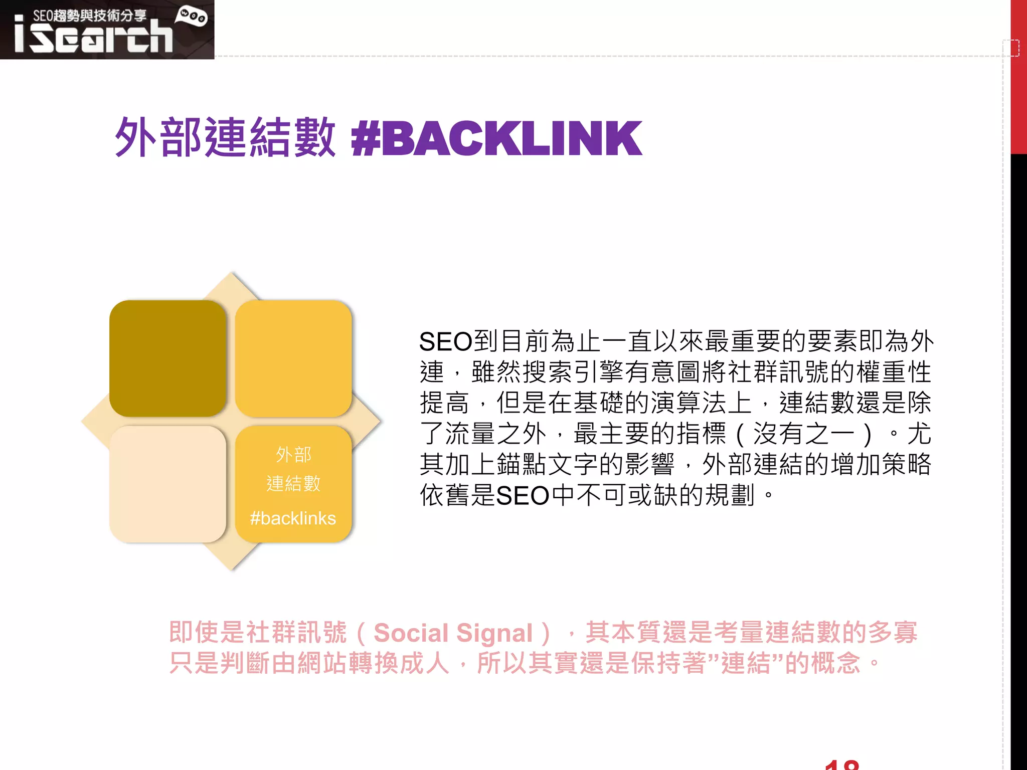 外部連結數 #BACKLINK



                 SEO到目前為止一直以來最重要的要素即為外
                 連，雖然搜索引擎有意圖將社群訊號的權重性
                 提高，但是在基礎的演算法上，連結數還是除
                 了流量之外，最主要的指標（沒有之一）。尤
      外部
                 其加上錨點文字的影響，外部連結的增加策略
     連結數
                 依舊是SEO中不可或缺的規劃。
    #backlinks




 即使是社群訊號（Social Signal），其本質還是考量連結數的多寡
 只是判斷由網站轉換成人，所以其實還是保持著”連結”的概念。
 