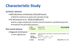 Synthetic datasets
KB13 [Kushman and Barzilay 2013] (824 pairs)
 Write NL sentences to capture the examples strings
NL-RX [Locascio et al., 2016] (10,000 pairs)
 Parse a regex and generate initial NL sentences based on a predefined grammar
 Paraphrase the generated sentences
Real-world dataset
RegexLib (3,619 pairs)
 From regexlib.com
19
Characteristic Study
 