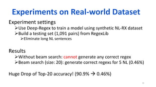 Experiment settings
Use Deep-Regex to train a model using synthetic NL-RX dataset
Build a testing set (1,091 pairs) from RegexLib
Eliminate long NL sentences
Results
Without beam search: cannot generate any correct regex
Beam search (size: 20): generate correct regexs for 5 NL (0.46%)
Huge Drop of Top-20 accuracy! (90.9%  0.46%)
24
Experiments on Real-world Dataset
 