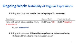 String test cases can handle the ambiguity of NL sentences
String test cases can differentiate regular expression candidates
help select the best candidate during beam search
27
Description Ground Truth Predicted Result
Items with a small letter preceding “dog”,
at least thrice
([a-b].*dog.*){3,} ([a-b]).*((dog){3,})
Test case:“adogadogadog”
Ongoing Work: Testability of Regular Expressions
 
