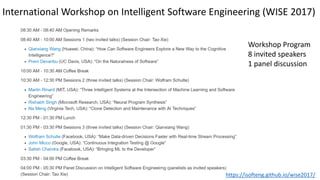 Workshop Program
8 invited speakers
1 panel discussion
https://isofteng.github.io/wise2017/
International Workshop on Intelligent Software Engineering (WISE 2017)
 