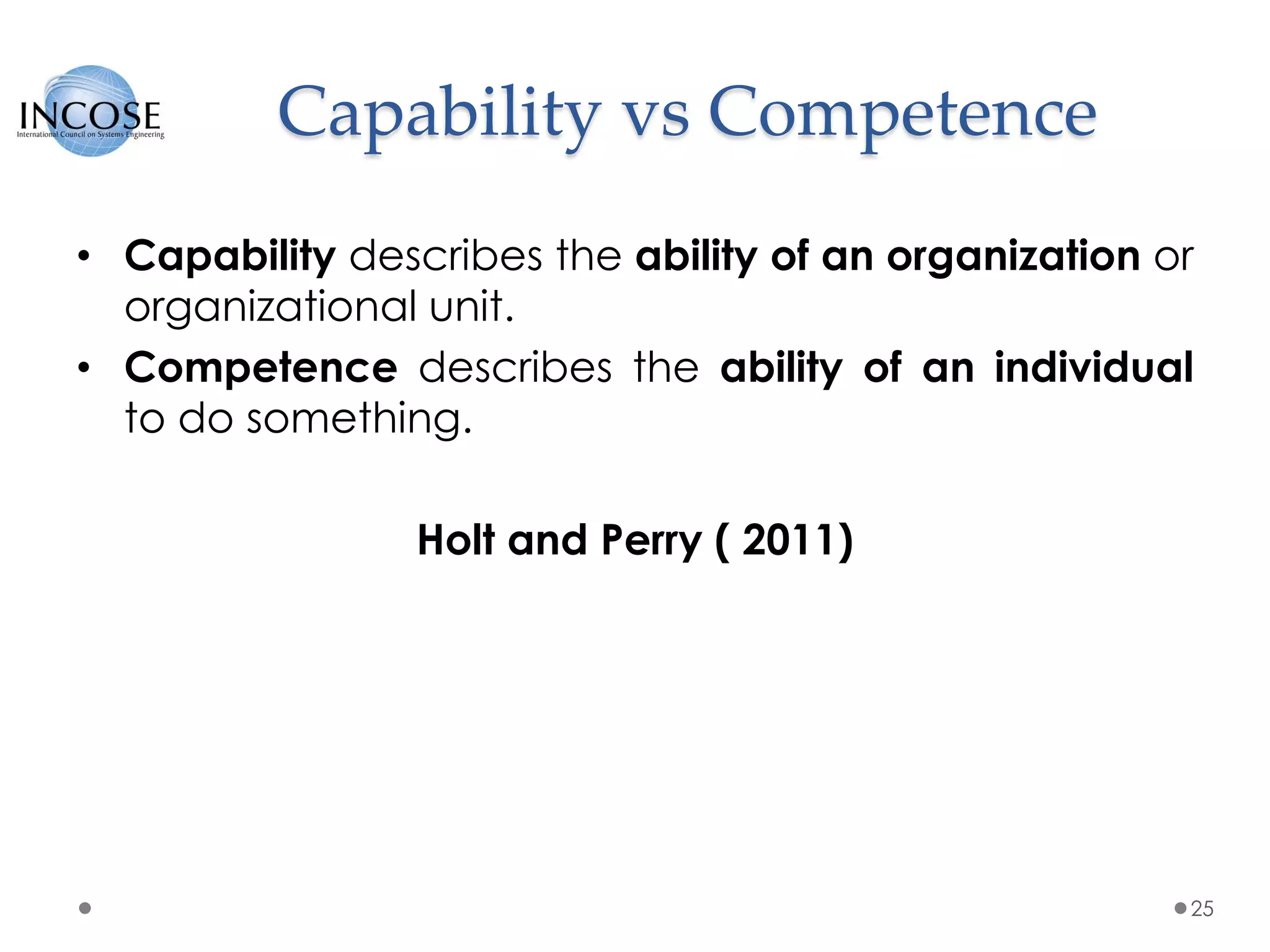 Capability vs Competence
• Capability describes the ability of an organization or
organizational unit.
• Competence describes the ability of an individual
to do something.
Holt and Perry ( 2011)
25
 
