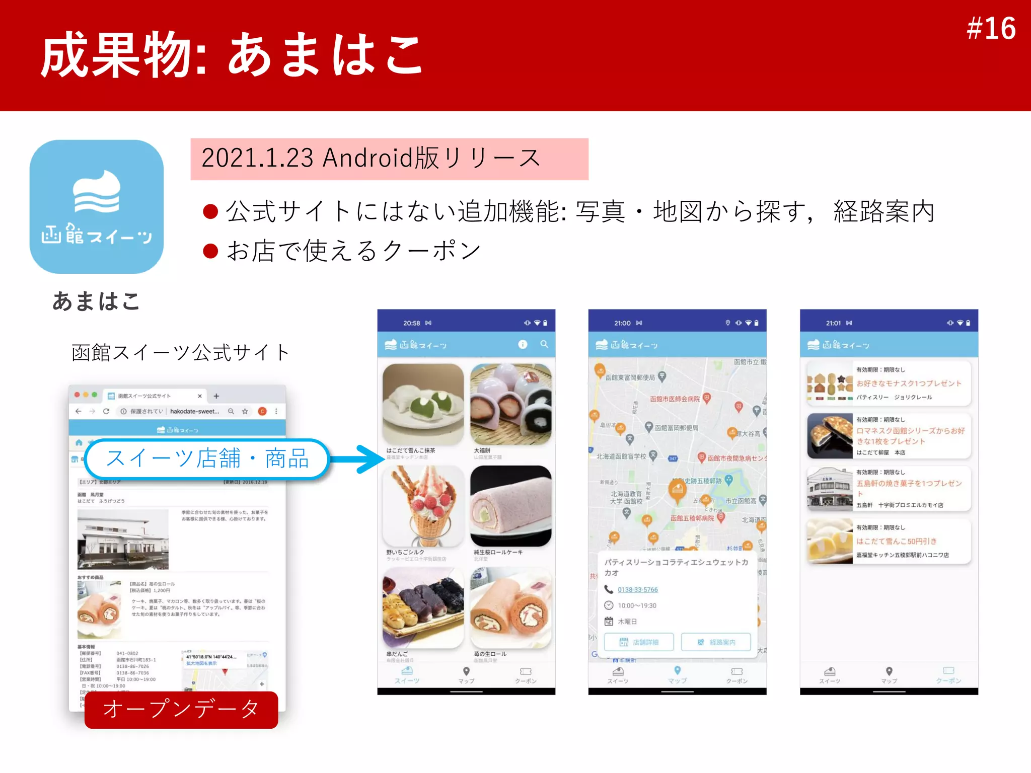 #16
成果物: あまはこ
あまはこ
スイーツ店舗・商品
オープンデータ
函館スイーツ公式サイト
2021.1.23 Android版リリース
⚫ 公式サイトにはない追加機能: 写真・地図から探す，経路案内
⚫ お店で使えるクーポン
 