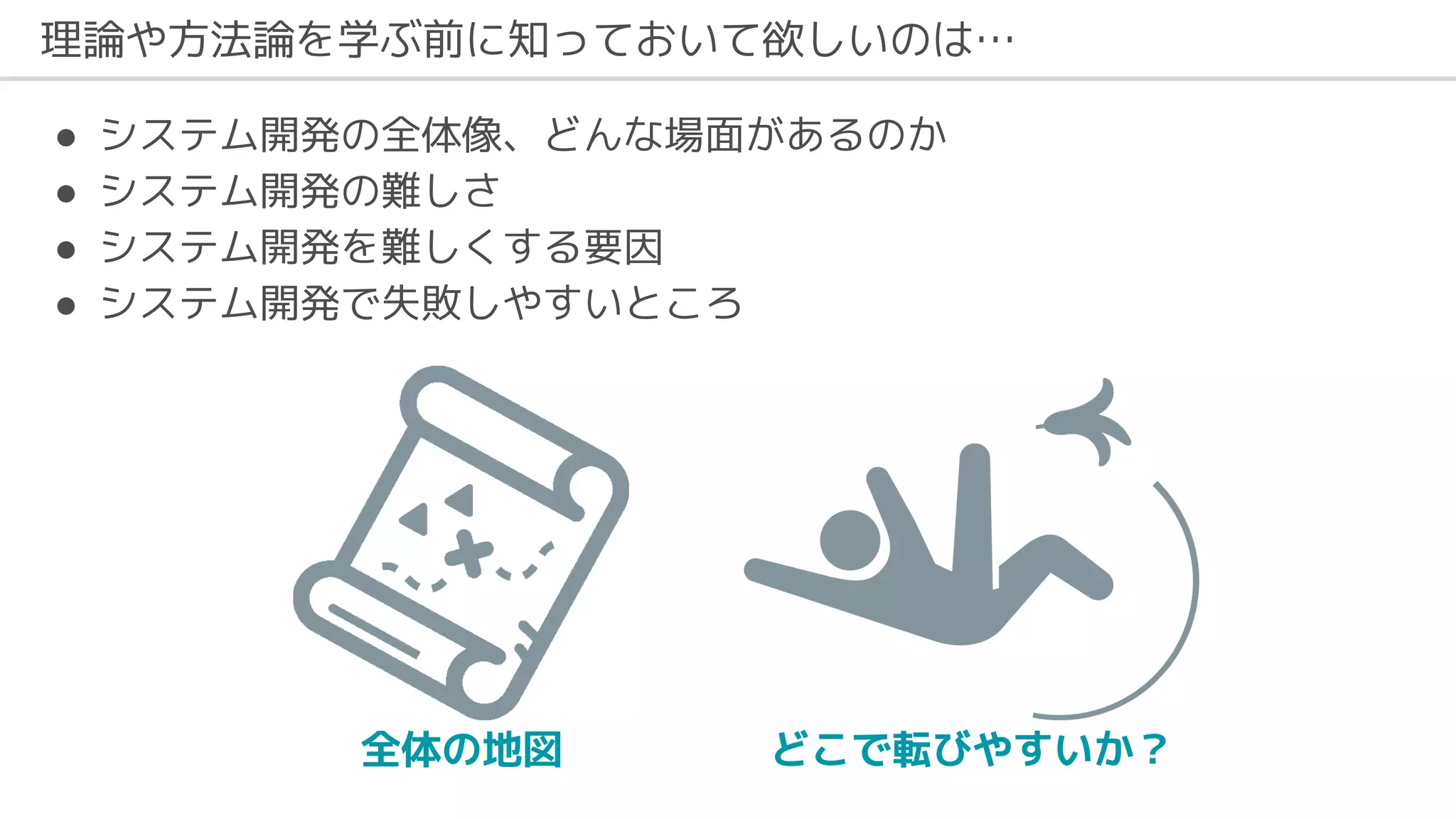 理論や方法論を学ぶ前に知っておいて欲しいのは…
● システム開発の全体像、どんな場面があるのか
● システム開発の難しさ
● システム開発を難しくする要因
● システム開発で失敗しやすいところ
どこで転びやすいか？
全体の地図
 