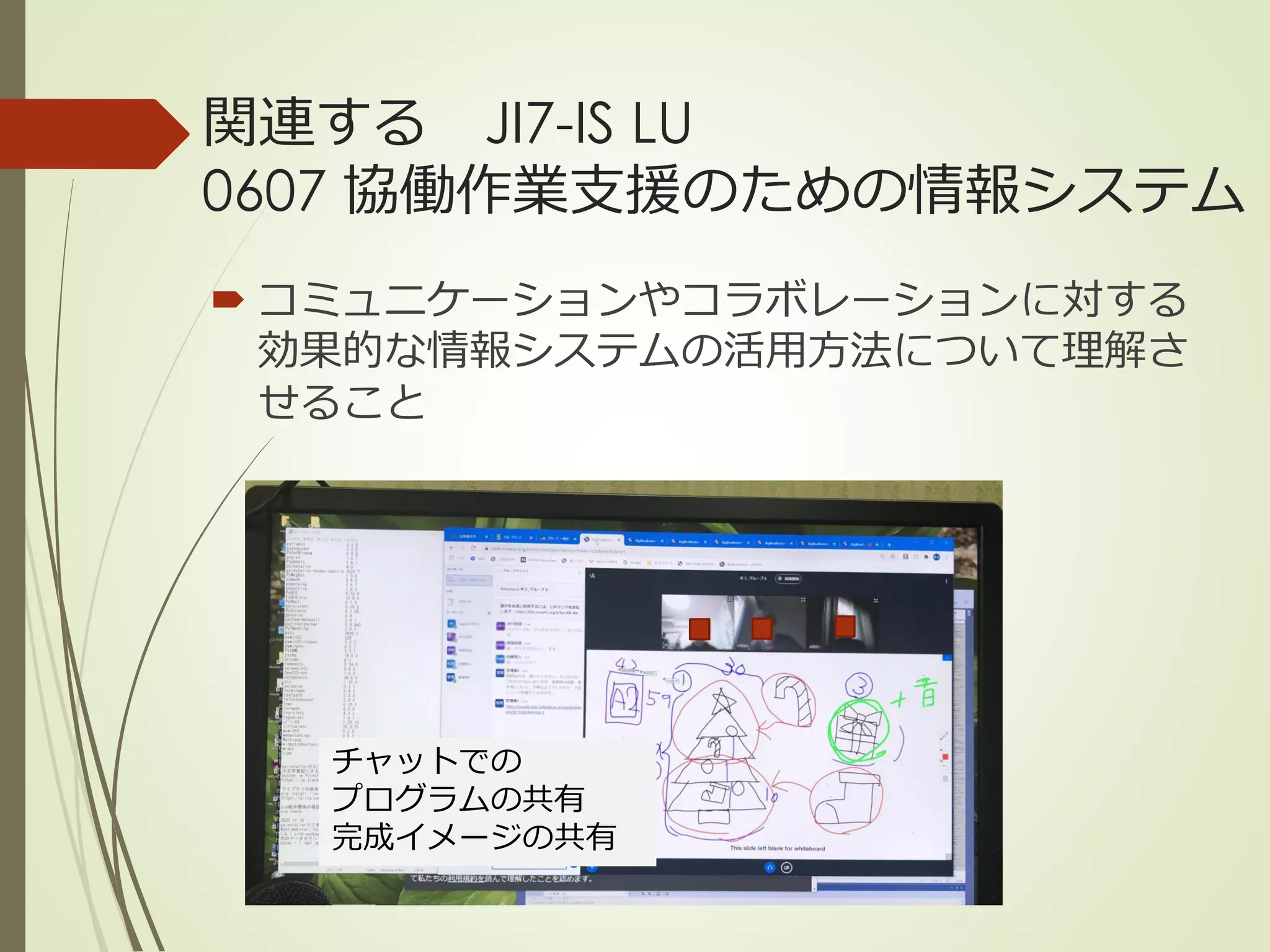 関連する JI7-IS LU
0607 協働作業支援のための情報システム
 コミュニケーションやコラボレーションに対する
効果的な情報システムの活用方法について理解さ
せること
チャットでのプログラ
ムの共有
チャットでの
プログラムの共有
完成イメージの共有
 