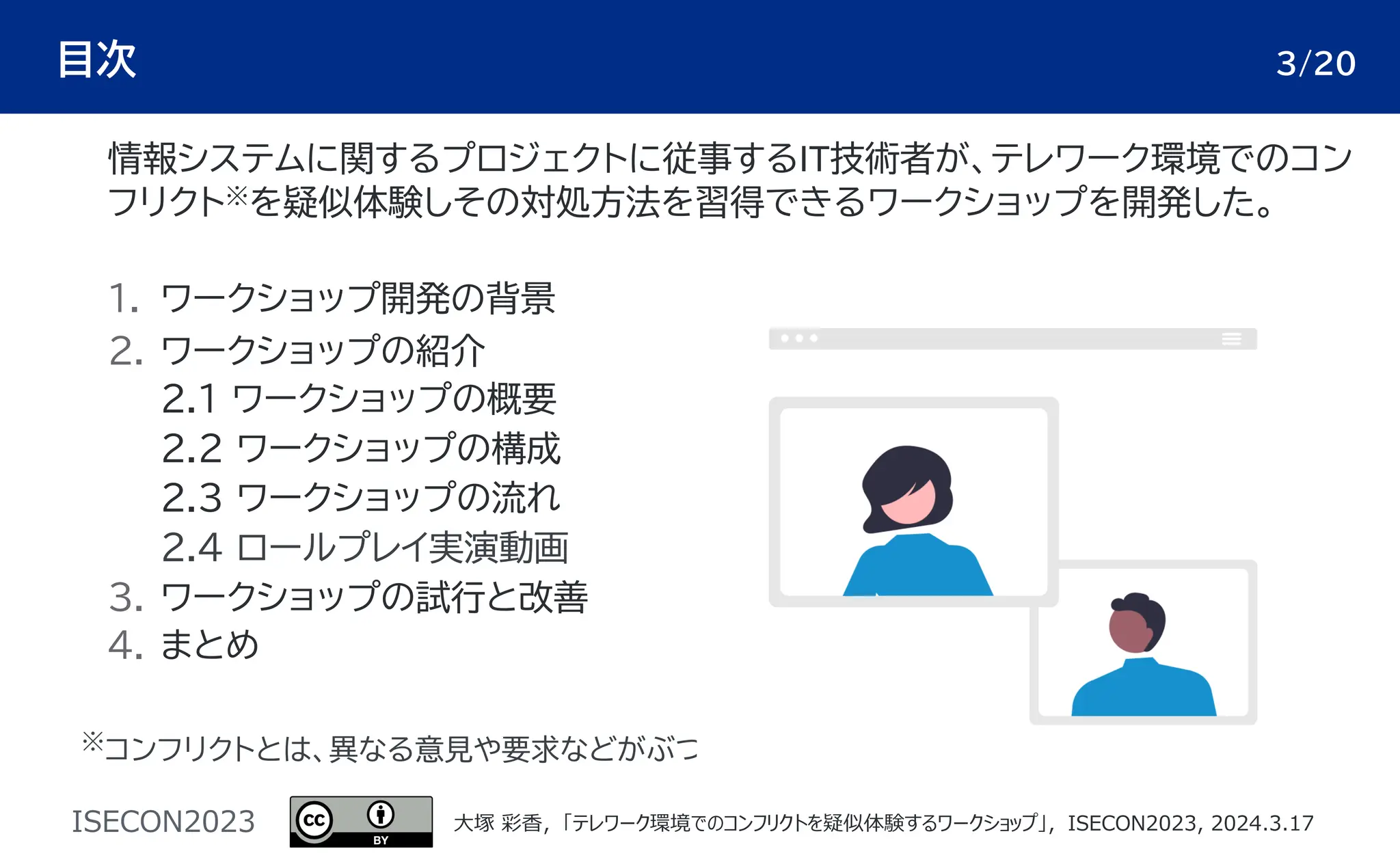 ISECON2023 ⼤塚 彩⾹，「テレワーク環境でのコンフリクトを疑似体験するワークショップ」，ISECON2023, 2024.3.17
目次
情報システムに関するプロジェクトに従事するIT技術者が、テレワーク環境でのコン
フリクト※を疑似体験しその対処方法を習得できるワークショップを開発した。
1. ワークショップ開発の背景
2. ワークショップの紹介
２.１ ワークショップの概要
２.２ ワークショップの構成
２.3 ワークショップの流れ
2.4 ロールプレイ実演動画
3. ワークショップの試行と改善
4. まとめ
※コンフリクトとは、異なる意見や要求などがぶつかりあっている緊張状態
3/20
 